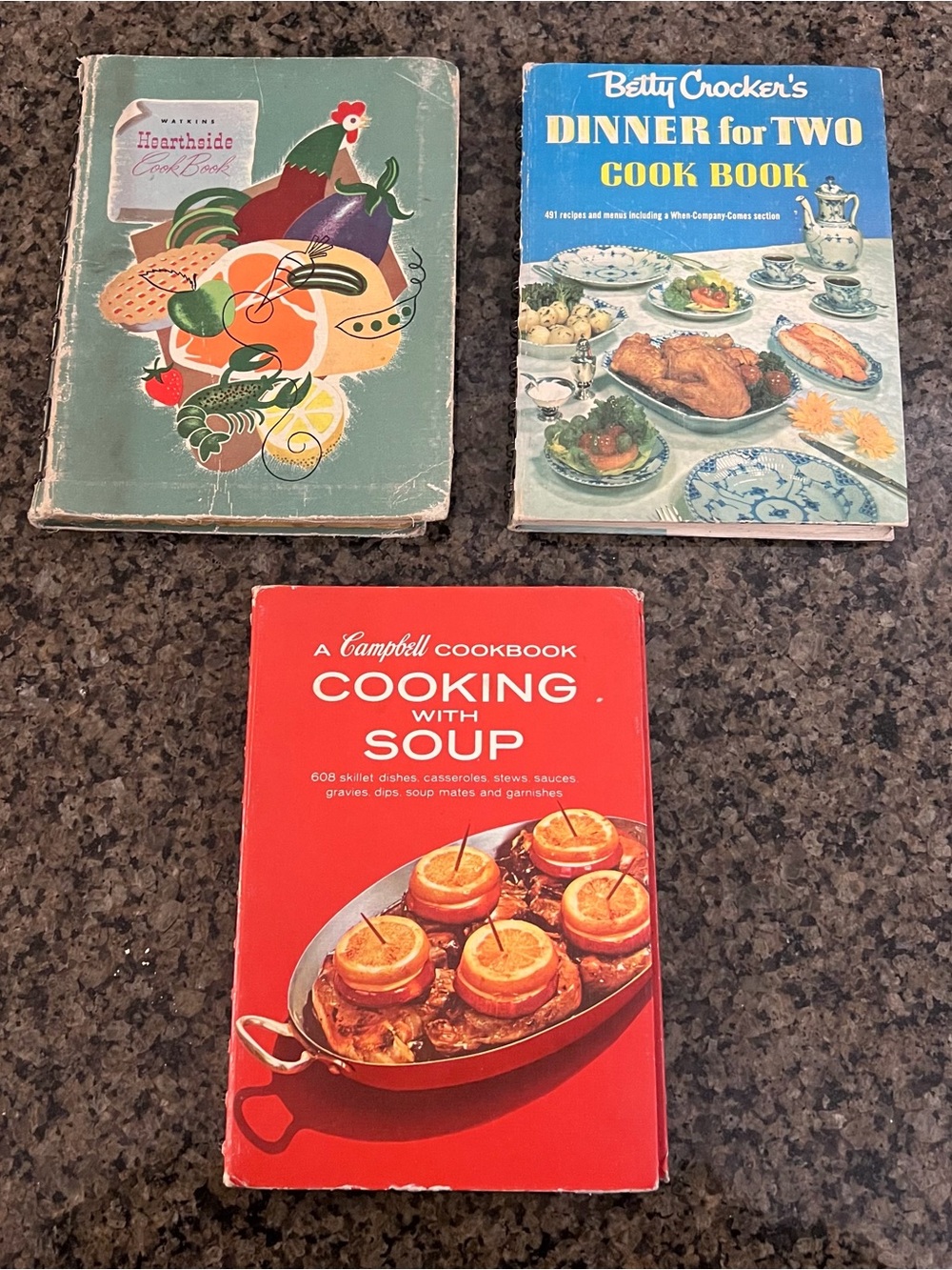 3 Vintage Cookbooks-Watkins Hearthside/Campbell Cooking with Soup/Betty Crocker